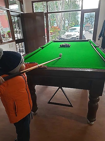 Green pool table in the recreation room