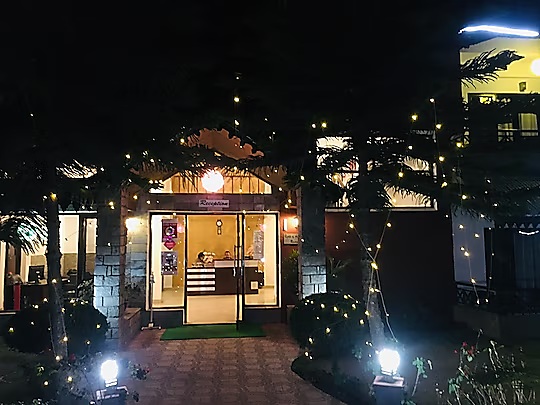 Resort entrance illuminated in the evening