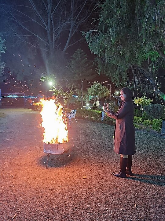 Bonfire on the resort lawn at night