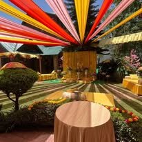 Lawn decorated in yellow for a daytime ceremony